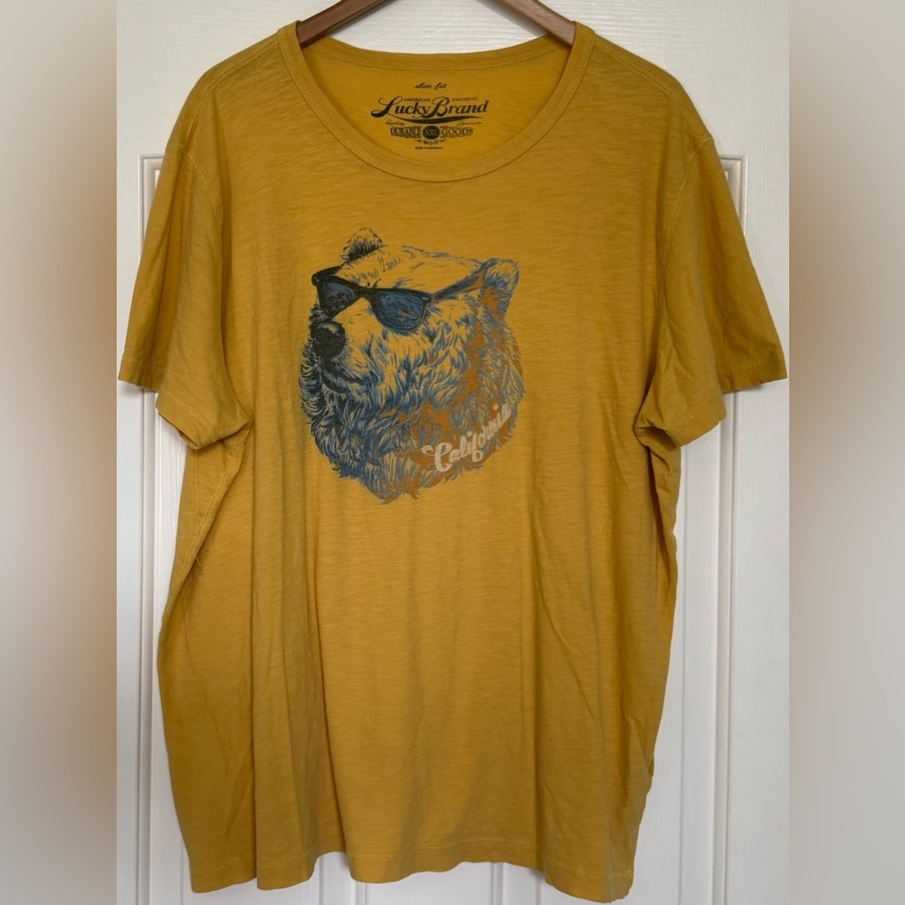 Lucky Brand Men’s XXL Bear Graphic Tee Mustard Yellow Cotton T-Shirt 🐻